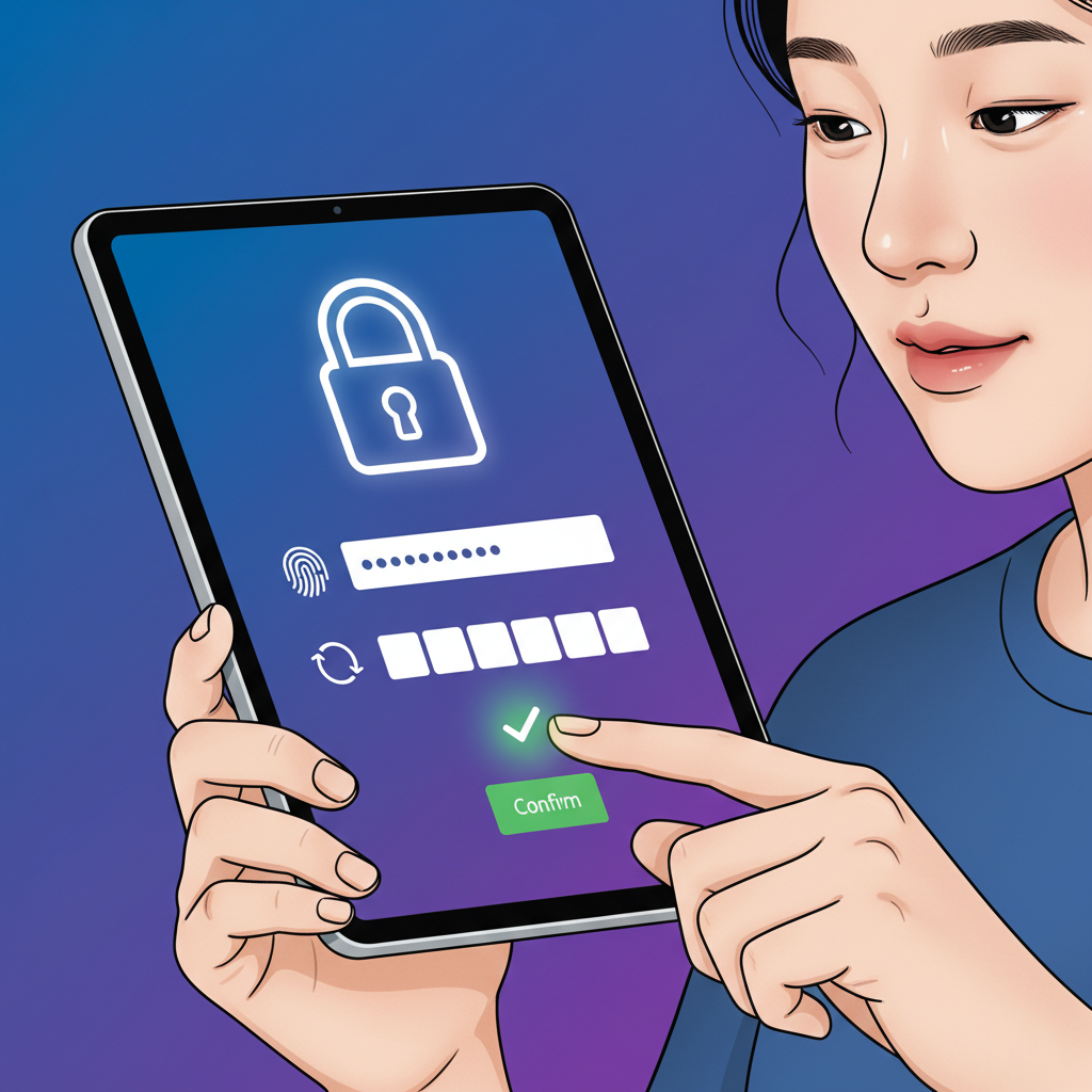 A user setting up two-step verification on a secure digital device, showing a lock icon and secure password input, clean infographic, modern layout, high contrast, colored background, Korean appearance, natural expression, no text, 1:1 aspect ratio.