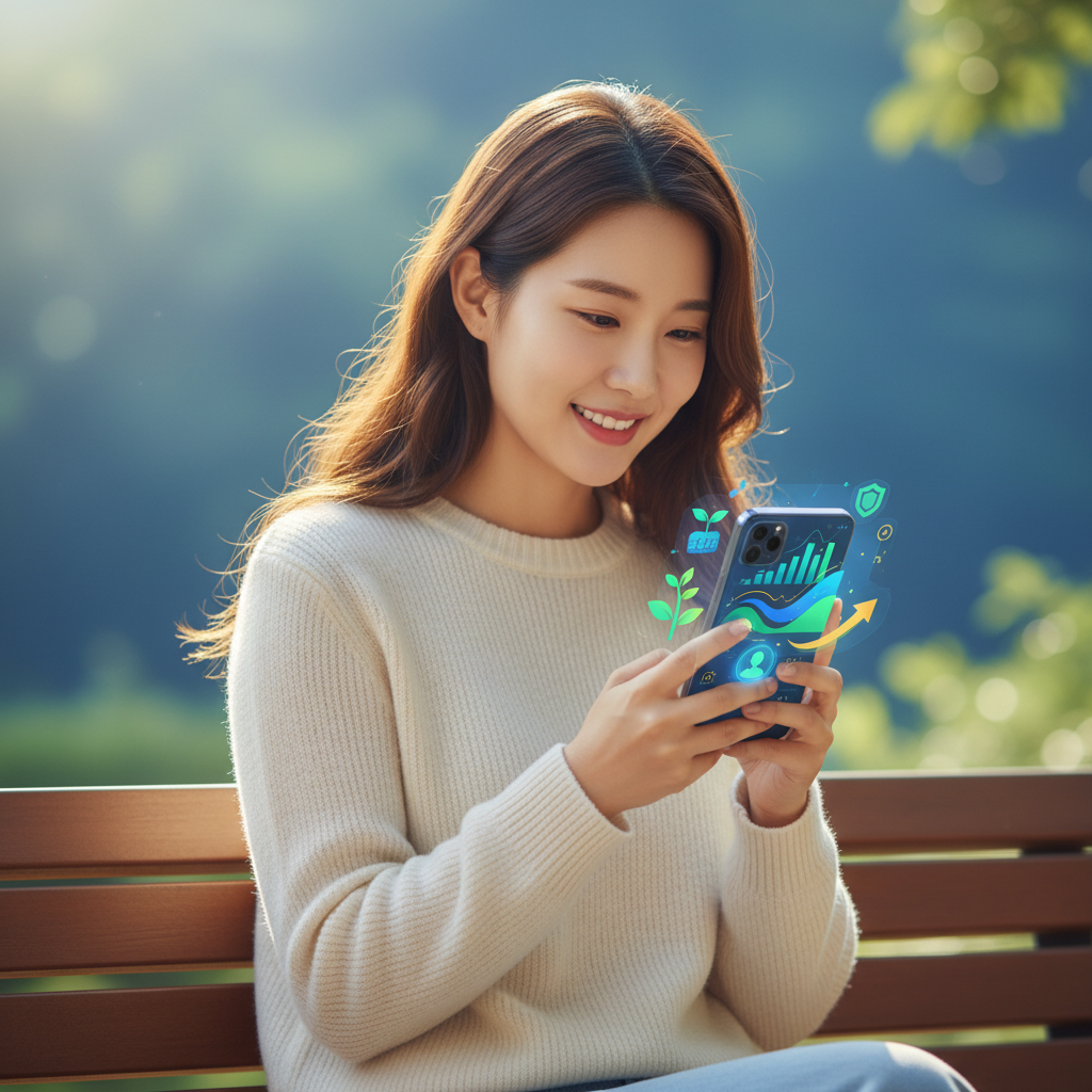 A vibrant scene of a Korean user interacting with a personal AI financial advisor app on a smartphone, displaying customized financial insights. The background is a gradient of blues and greens, reflecting growth and stability. Lifestyle photography, warm lighting, natural setting, no text, 4:3 aspect ratio, centered focus