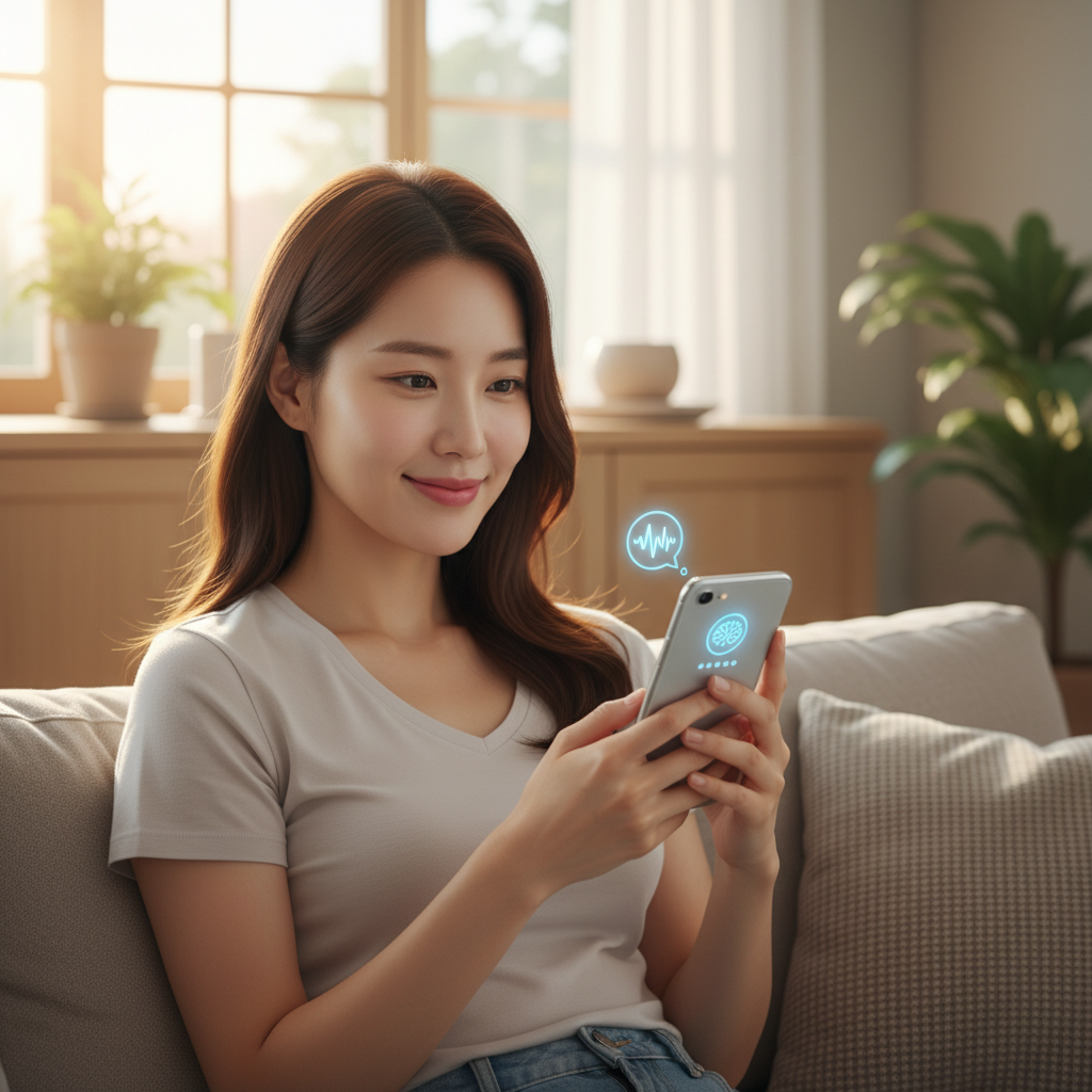 lifestyle photography, warm lighting, natural setting. A Korean person is looking at a smartphone with a friendly, helpful AI assistant chatbot interface visible. The person is smiling slightly, indicating satisfaction. The background shows a modern home environment, slightly blurred. No text, clean interface minimal UI.