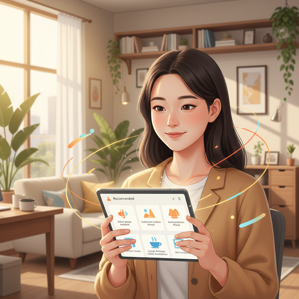 A modern illustration showing a user interacting with a tablet or smartphone, where personalized information from Google AI is displayed. The screen shows tailored recommendations for products or services. The background is a bright, warm-toned office or home setting, with subtle digital lines indicating data flow. Korean appearance person with a natural expression. No visible text in image.