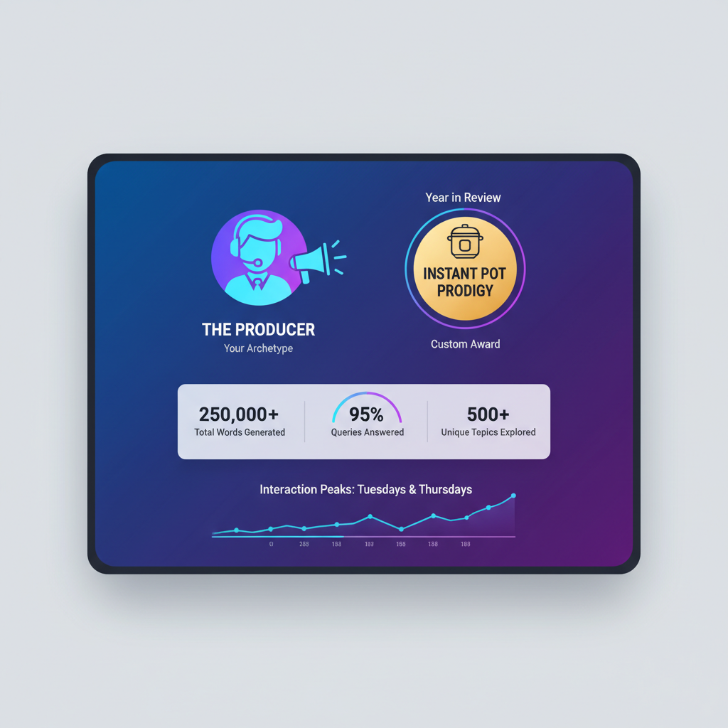 A screen displaying personalized ChatGPT "Year in Review" showing an archetype like "The Producer" and a customized award such as "Instant Pot Prodigy," with a focus on user interaction statistics, clean infographic, modern layout, high contrast, colored background, no visible text on UI elements, 4:3 aspect ratio