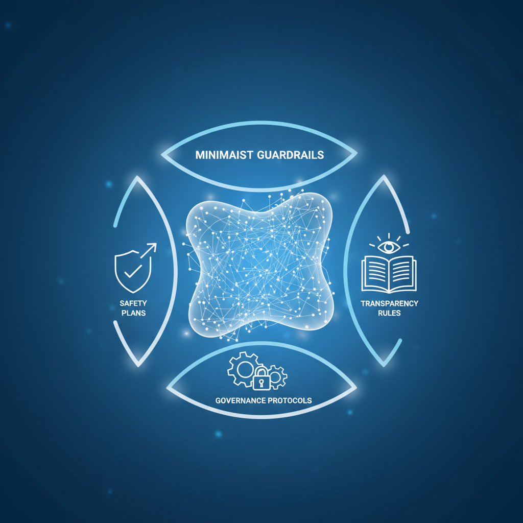A stylized infographic showing "minimalist guardrails" around a complex AI model, with symbols representing safety plans and transparency rules, modern layout, high contrast, blue gradient background, no text.