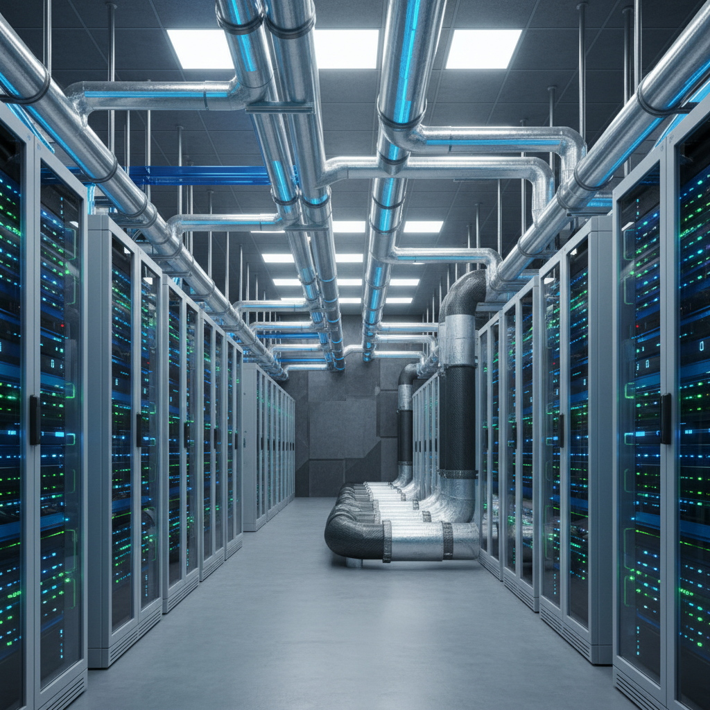 Inside a massive AI data center, with rows of powerful servers and intricate cooling pipes, bright balanced lighting, clean infographic style, textured grey background, no text