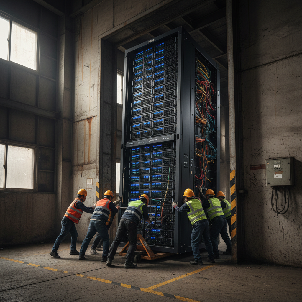 A realistic depiction of a very tall and wide AI server rack being transported through a narrow industrial doorway or loaded onto a heavy-duty freight elevator, emphasizing its immense size and weight, industrial setting with concrete walls, natural lighting, Korean appearance, no text, 4:3 aspect ratio.