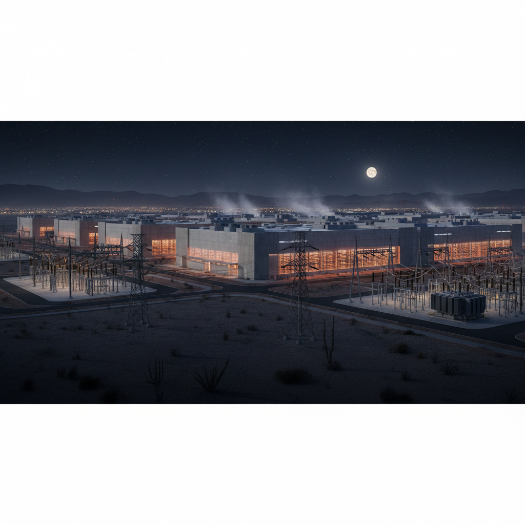 Realistic depiction of a large, modern data center at night, emitting faint glow, symbolizing massive electricity consumption, lifestyle photography, warm lighting, textured background, no text