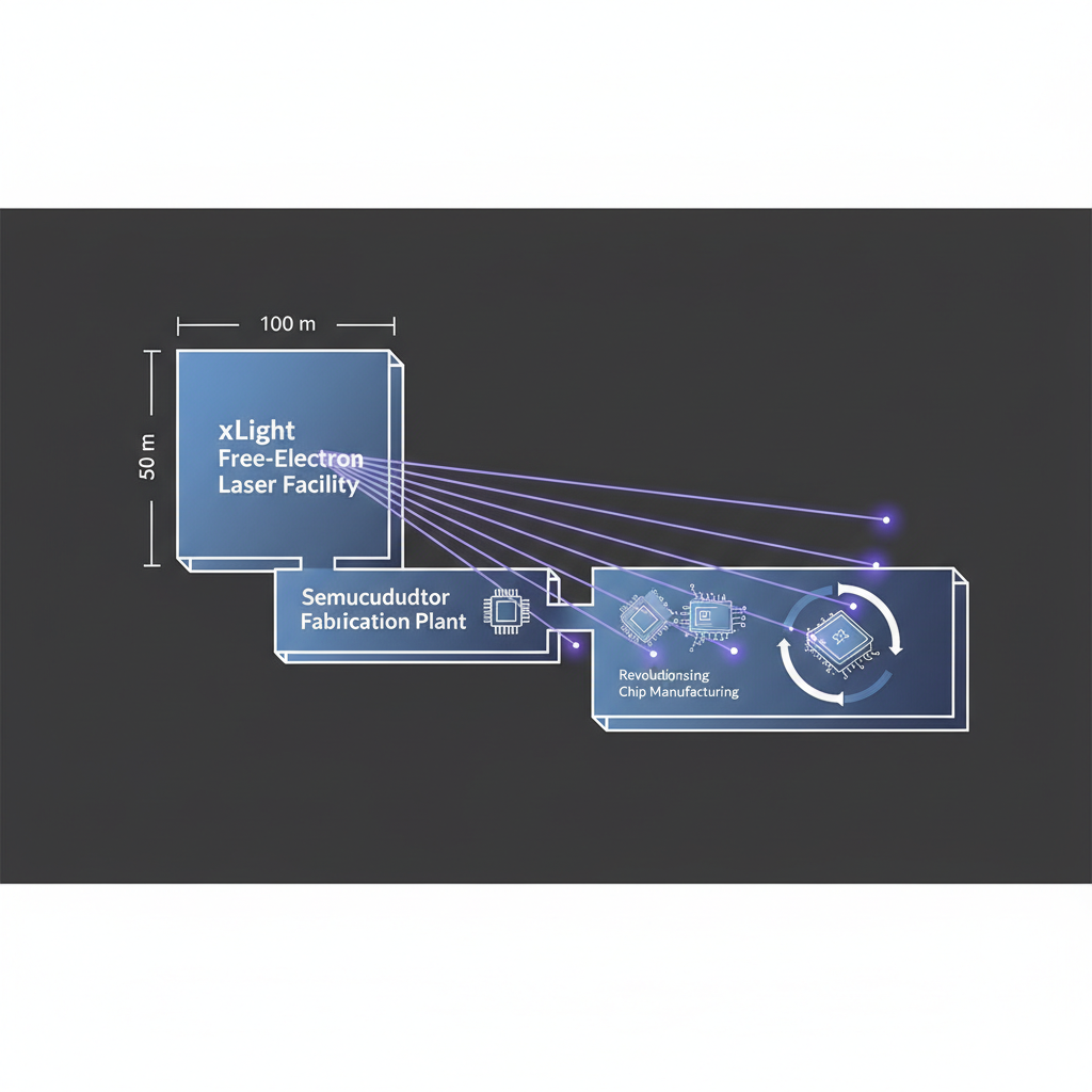A clean infographic showing the immense scale of xLight's free electron laser facilities (100m by 50m) located outside semiconductor fabrication plants. Highlight the distribution of extreme ultraviolet light to revolutionize chip manufacturing. Modern layout, high contrast. No text.