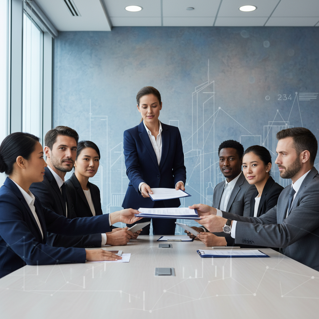 Realistic depiction of a high-stakes business meeting with diverse professionals in a modern corporate boardroom, finalizing a monumental acquisition deal. Focus on the formal exchange of documents and determined expressions, with a clear, bright, professional lighting. Style: lifestyle photography with a slight infographic touch on deal details. Colored, textured background with subtle city skyline. No visible text.