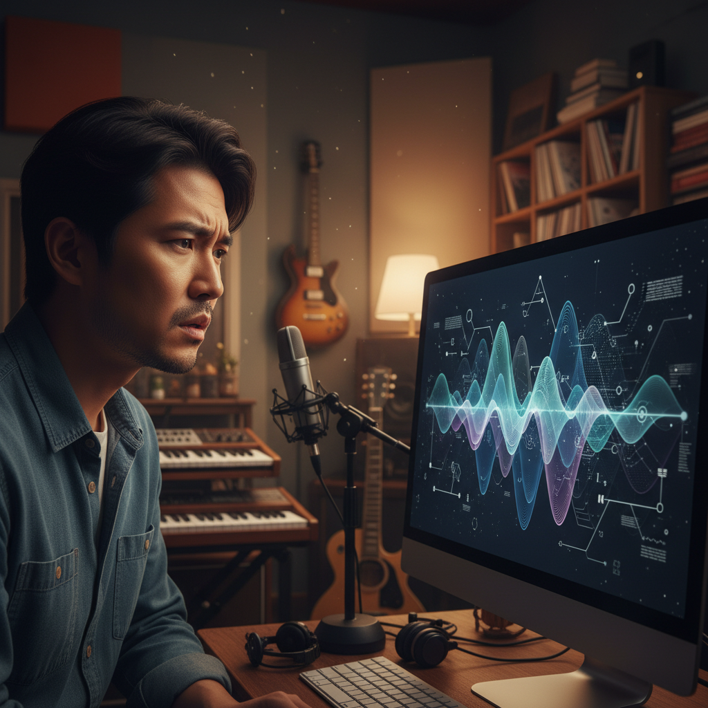 A Korean musician with a concerned expression, looking at a computer screen displaying abstract music waveforms and AI symbols, warm indoor lighting, a slightly desaturated but rich background, no visible text, 4:3 aspect ratio