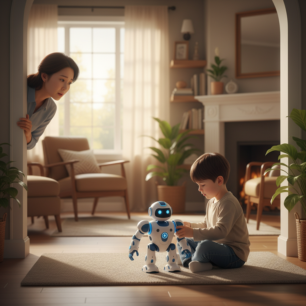 A concerned Korean parent subtly observing their child playing with a robot toy, with a slightly blurred but warm and inviting home background, soft, natural lighting, lifestyle photography, no visible text in the image.