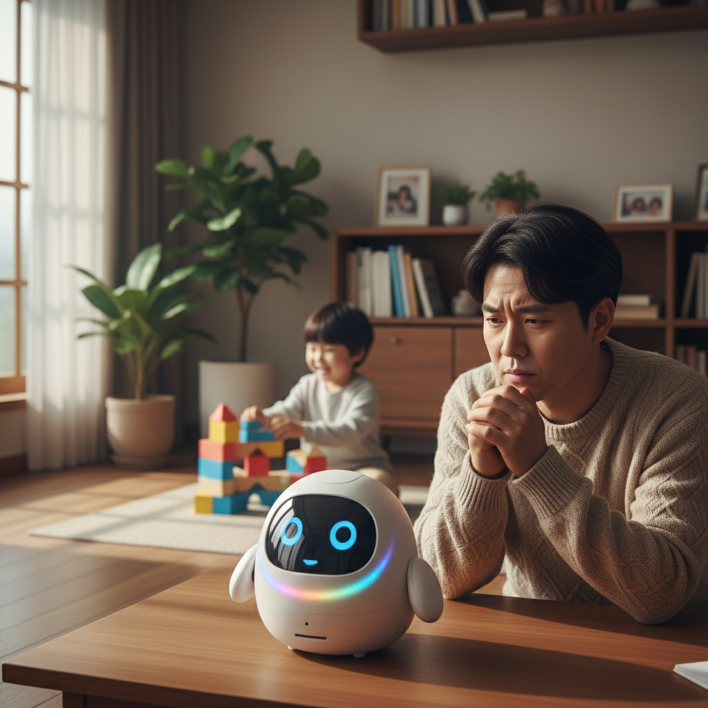 A concerned Korean parent looking thoughtfully at a cute, interactive AI toy, with a blurred child playing in the background, warm lighting, cozy home setting, no text, 4:3 aspect ratio
