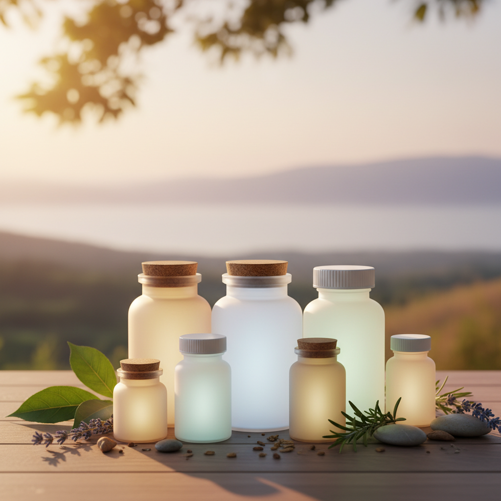 Lifestyle photography of various generic supplement bottles with a faint, deceptive glow, implying unproven effects. Natural setting, warm lighting, gradient background. No visible text.