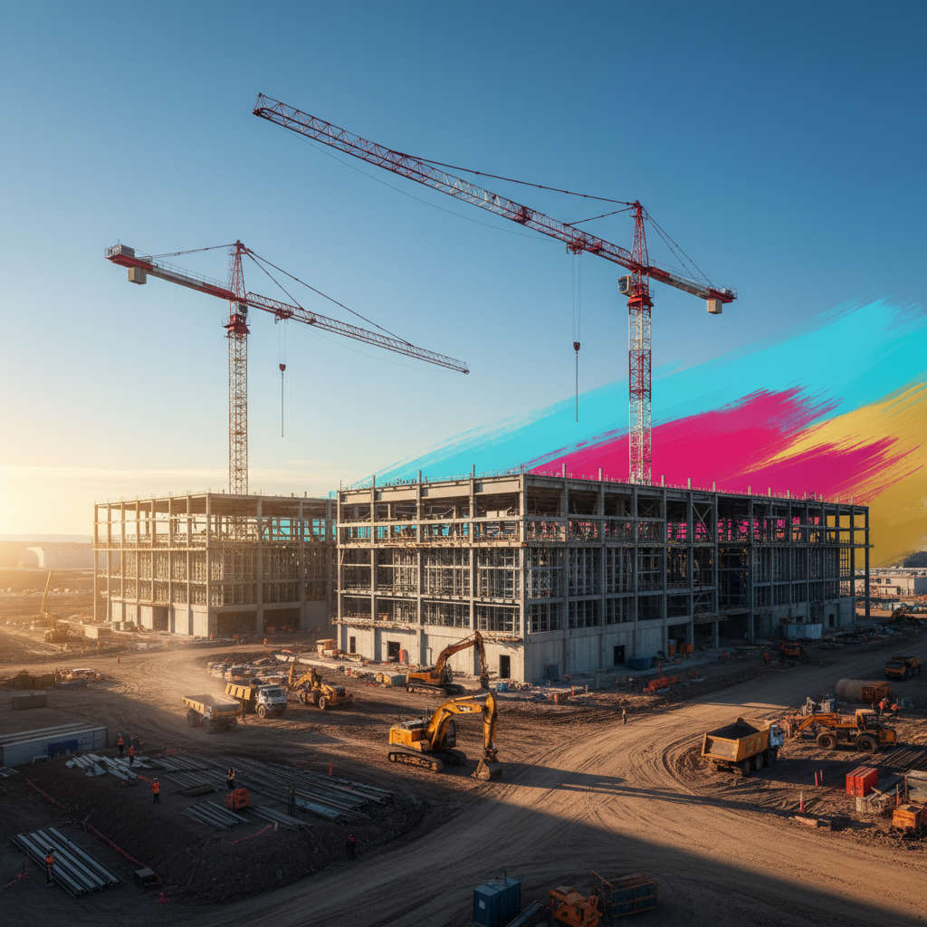 A large data center under construction, with cranes and heavy machinery, a clean sky, modern architecture, detailed composition, high contrast, colored background, no text