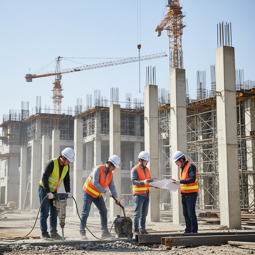 Skilled construction workers on a busy construction site, focused on their tasks, bright and balanced lighting, industrial background with visible structures, lifestyle photography, Korean appearance, no text