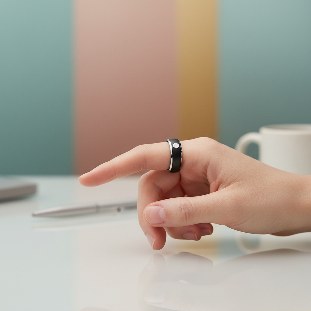 Close-up of a hand wearing a sleek smart ring on the index finger, with the thumb poised to press the physical button. The setting is a minimalist workspace with a colored, subtle background, professional yet natural, no text