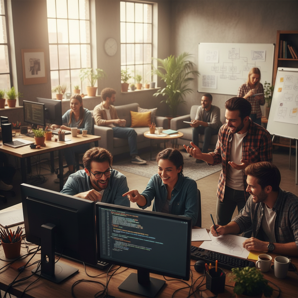 A bustling game development studio with diverse team members collaborating, coding, drawing, and discussing, emphasizing human creativity and teamwork, lifestyle photography, warm lighting, natural setting, no text, 4:3 aspect ratio
