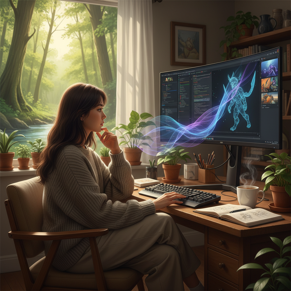 A game developer in front of a computer screen, deep in thought, a subtle AI interface element visible, lifestyle photography, warm lighting, natural setting, Korean appearance, no text, 4:3 aspect ratio