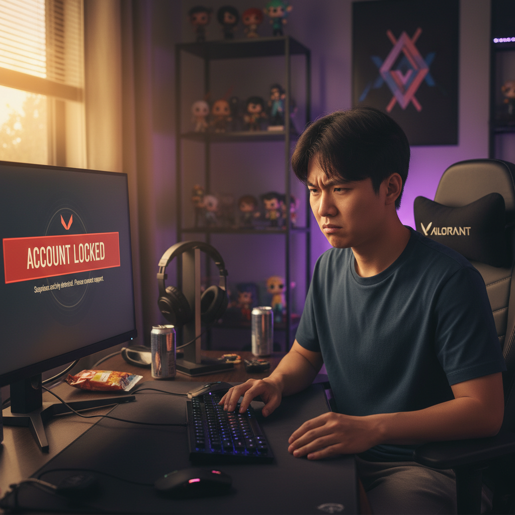 A gamer looking frustrated in front of a computer screen showing a Valorant game lockout message, natural expression, warm lighting, gaming setup background, Korean appearance, no text, lifestyle photography, 4:3 aspect ratio