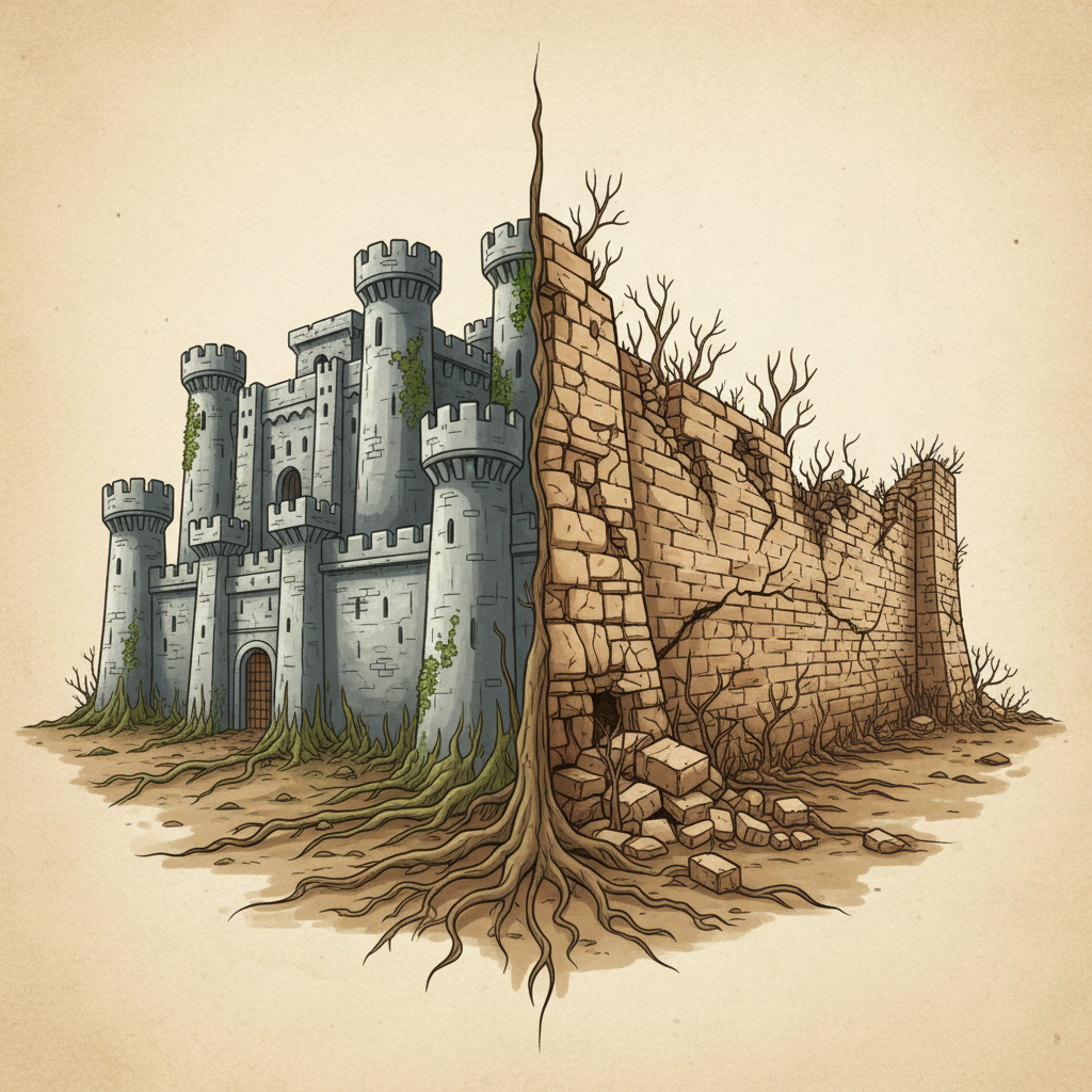 A strong, well-maintained fortress on one side symbolizing robust knowledge management, contrasting with a crumbling, dilapidated wall on the other representing a fragile information system. Illustration, artistic rendering, textured background, bright lighting, centered focus, no text.