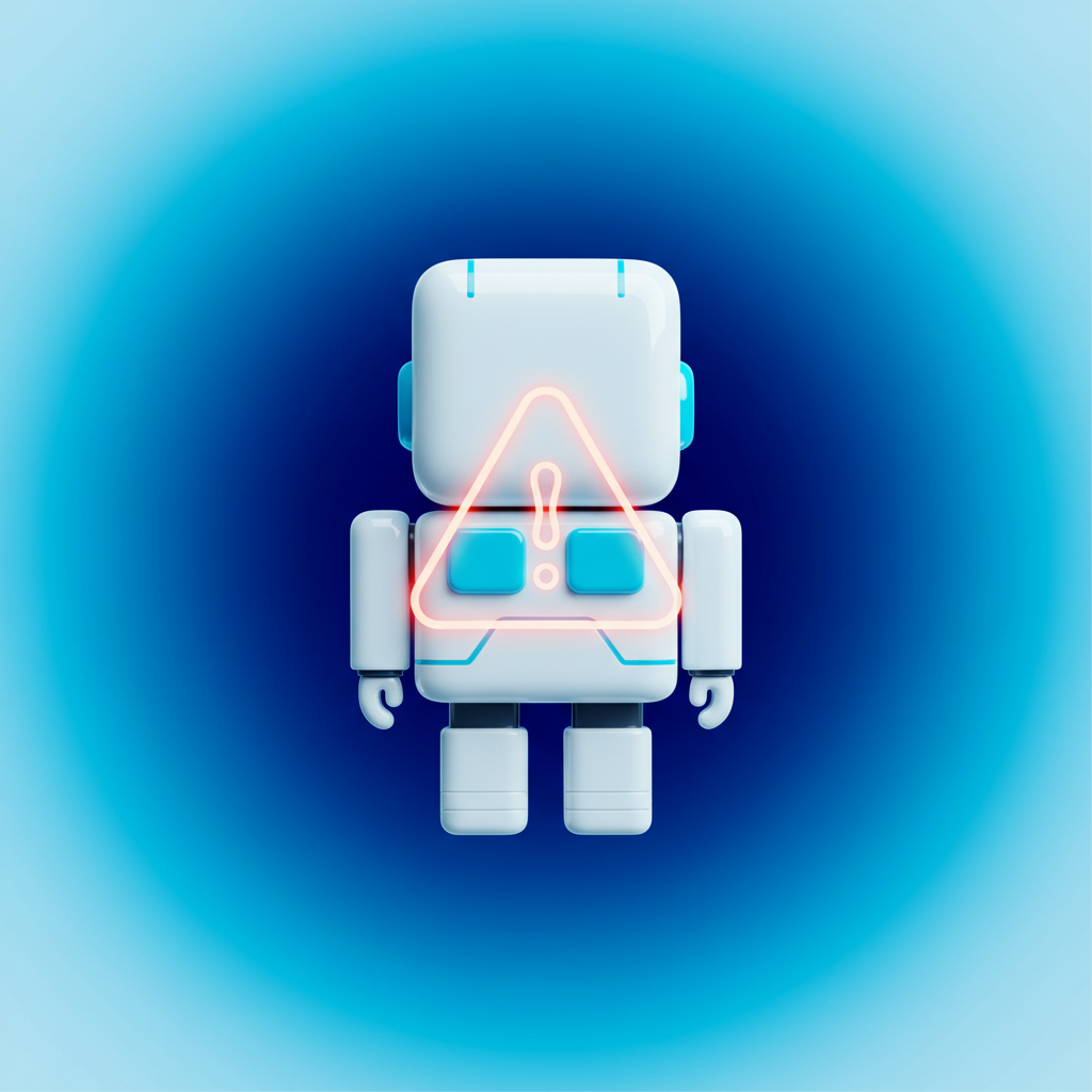 A modern AI toy with a subtle, stylized warning symbol overlay, clean infographic style, high contrast, gradient background, no text, 1:1 aspect ratio