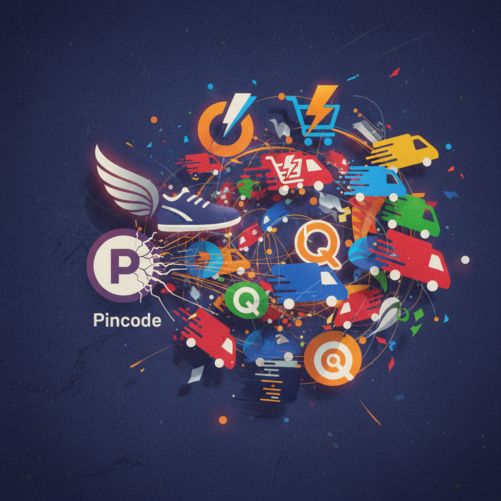 Dynamic infographic showing multiple competing quick commerce apps (represented by abstract logos or delivery vans) in a crowded marketplace, with "Pincode" app icon struggling to gain traction. Emphasize the challenging environment. Style: modern, high contrast, with a textured background. No visible text on images.
