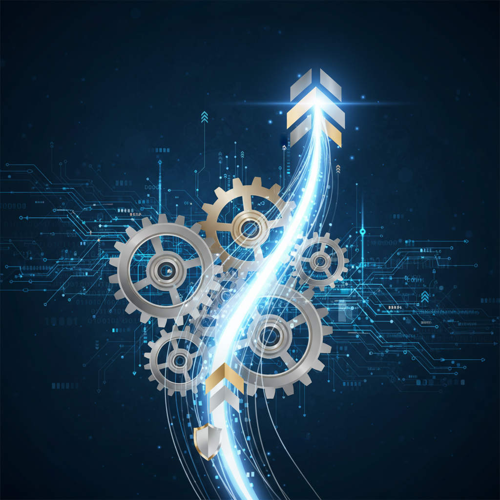 An abstract illustration representing competitive advantage in the AI market, with intertwined gears and data streams forming a unique pathway for a business. Style: clean infographic, metallic accents on a dark blue textured textured background. No text. Centered focus, bright strategic lighting.