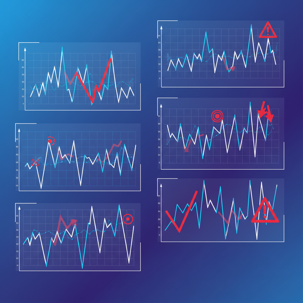 Economic graphs showing volatile trends with red warning indicators, clean infographic, modern layout, high contrast, gradient background, no text