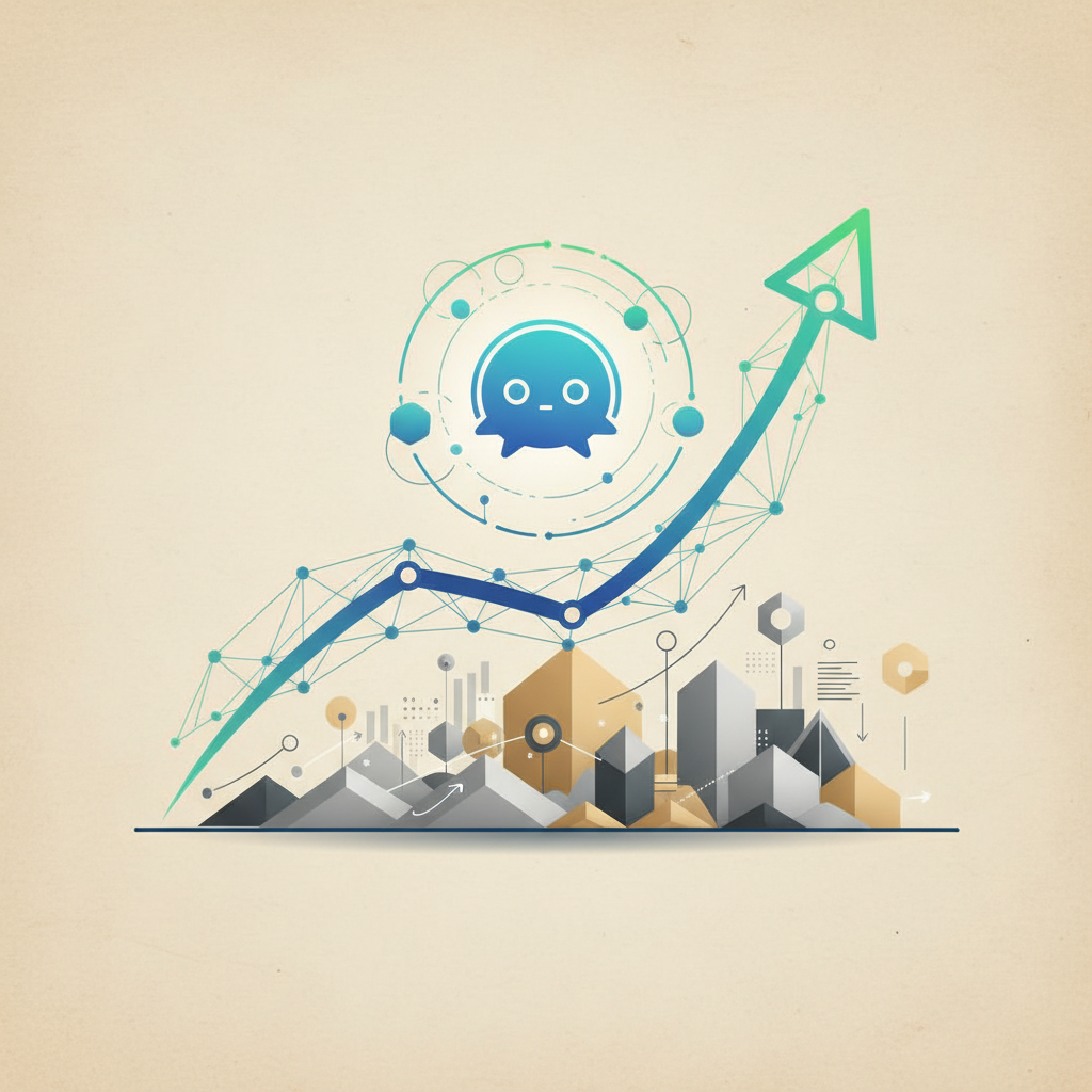 An illustrative infographic combining elements of a rising economic data graph (stylized, no specific numbers visible) with a subtle AI chatbot icon. The image conveys intelligent decision-making in a complex market. Soft, balanced lighting, textured background, centered focus, no text.