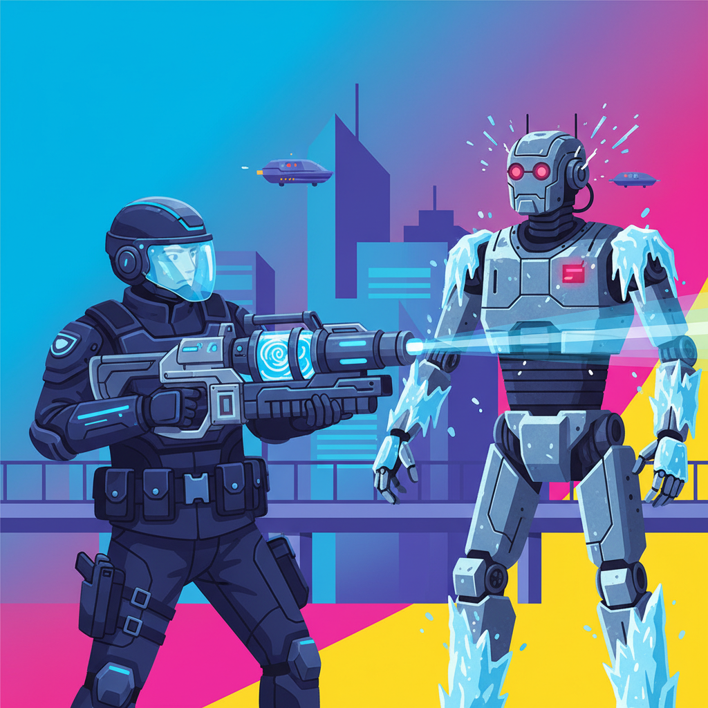 A police officer using a futuristic 'RoboFreezer gun' to subdue a malfunctioning robot in an urban setting, clean infographic style, vibrant colored background, Korean police appearance, no text, 4:3 aspect ratio