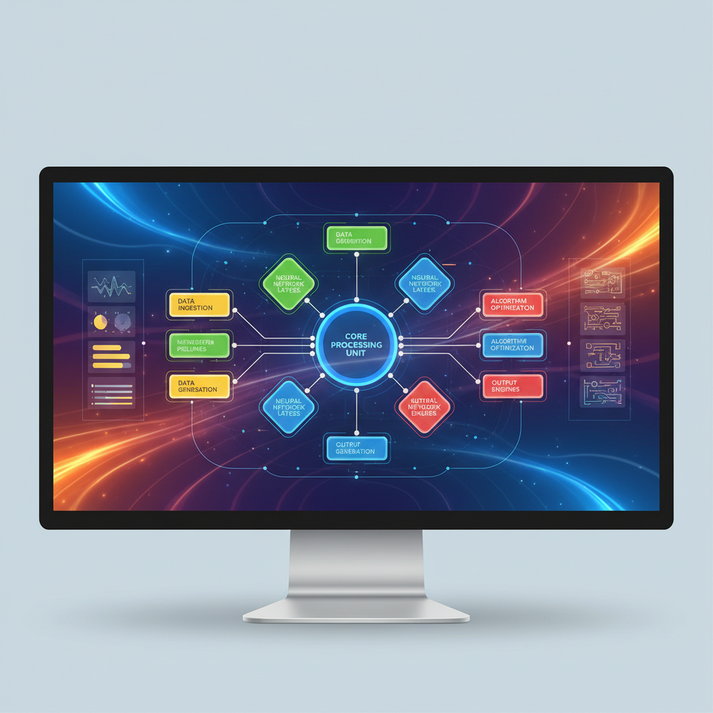 A detailed infographic of an advanced editor interface with multiple interconnected modules representing complex AI app logic, vibrant colored background, clean modern design, no text, 4:3 aspect ratio