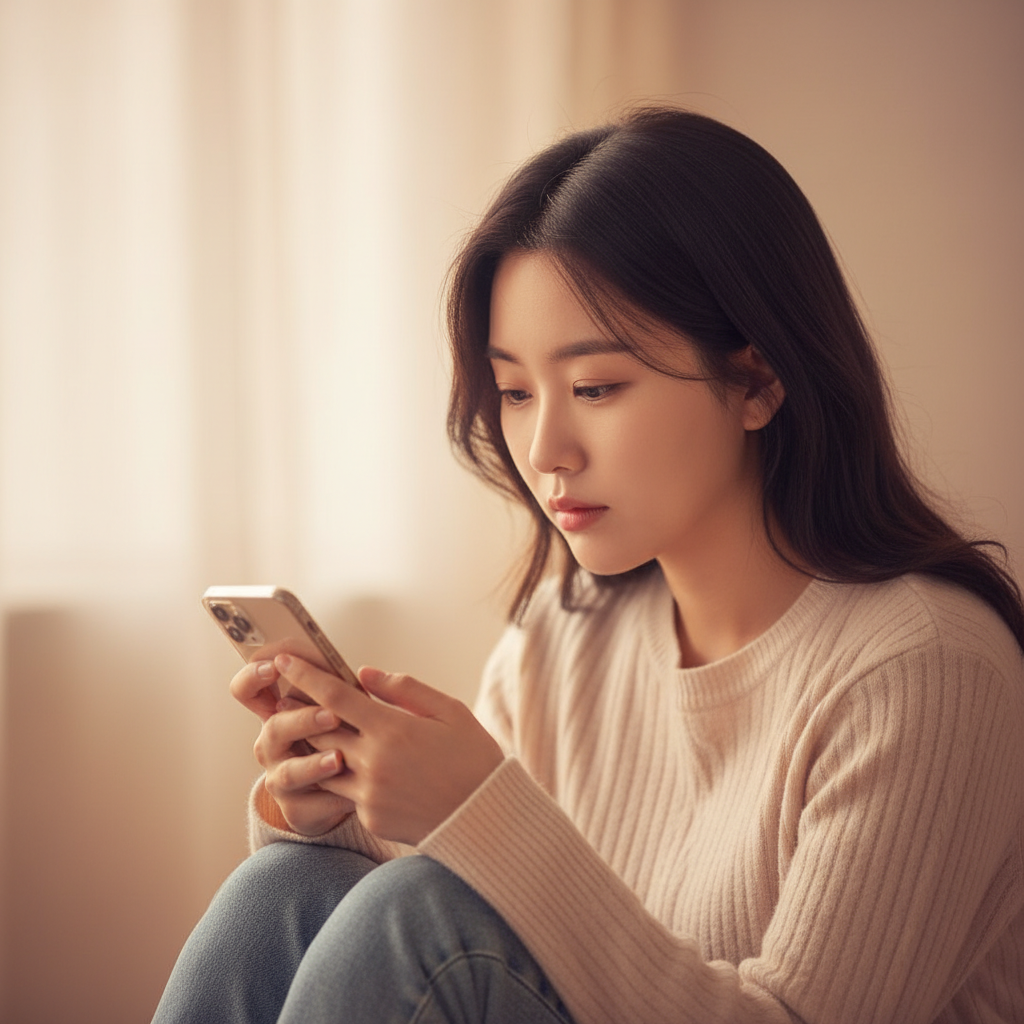 A poignant lifestyle photography of a Korean person sitting alone, looking at their smartphone screen, seeking comfort, with a soft, warm gradient background, emphasizing quiet contemplation, no visible text.