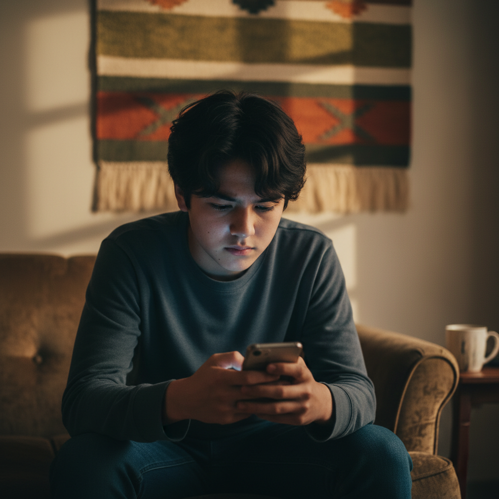 A young Korean teenager looking contemplative, sitting alone on a sofa, with a subtle glow representing digital interaction from a phone in their hand, but the focus is on their emotional state. Warm, slightly muted lighting with a soft, textured background. Aspect Ratio: 4:3