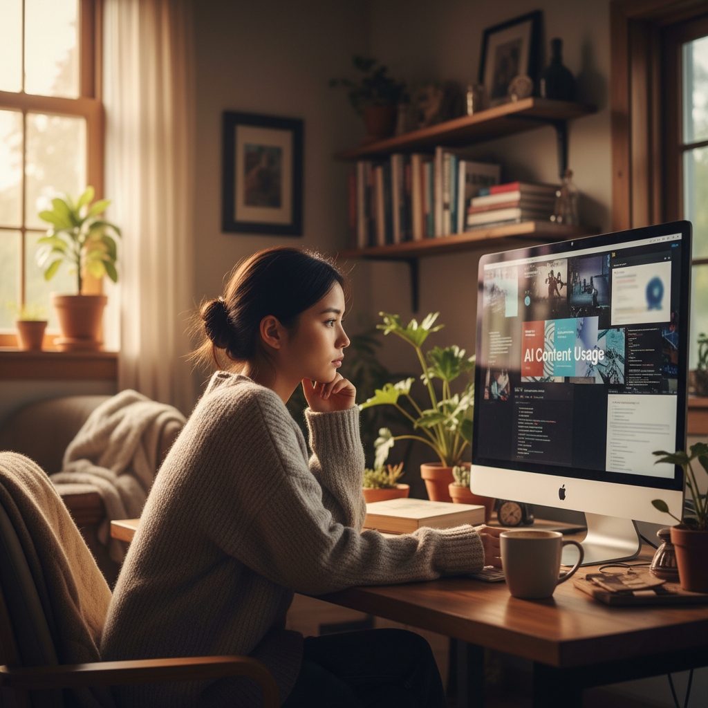 A Korean content creator with a thoughtful expression, sitting in front of a computer, pondering content usage for AI, lifestyle photography, warm lighting, natural setting, no text
