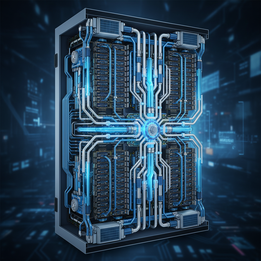 A cutaway view illustration of a high-density AI server rack filled with GPUs and intricate liquid cooling pipes, highlighting the complex internal structure and the need for efficient cooling, metallic blue and silver color scheme, deep tech background, no text, 4:3 aspect ratio.