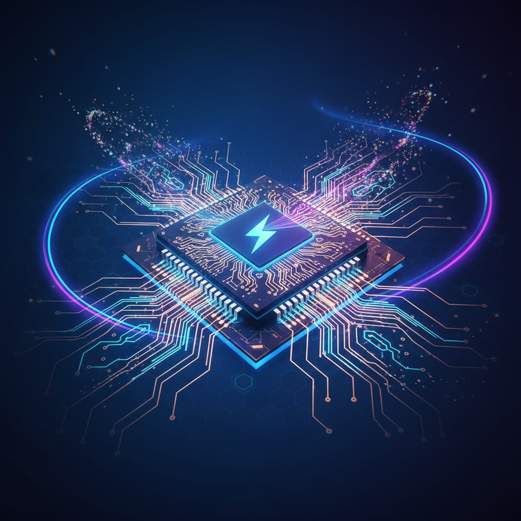 A vivid and clean infographic showcasing a cutting-edge AI chip, Trainium3, with intricate circuitry and glowing data pathways. Emphasize high performance and energy efficiency through visual cues like streamlined energy flows and accelerated processing symbols. Use a rich, dark blue and purple background with subtle digital patterns. No visible text.