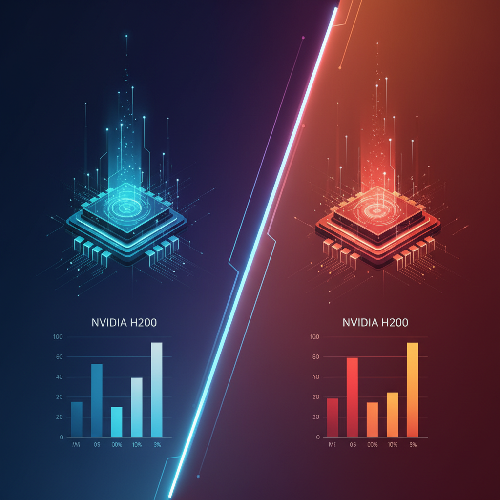 A futuristic infographic illustrating the performance differences between the high-performance Nvidia H200 chip and the lower-performance H20 chip, modern layout, high contrast, gradient background, no text