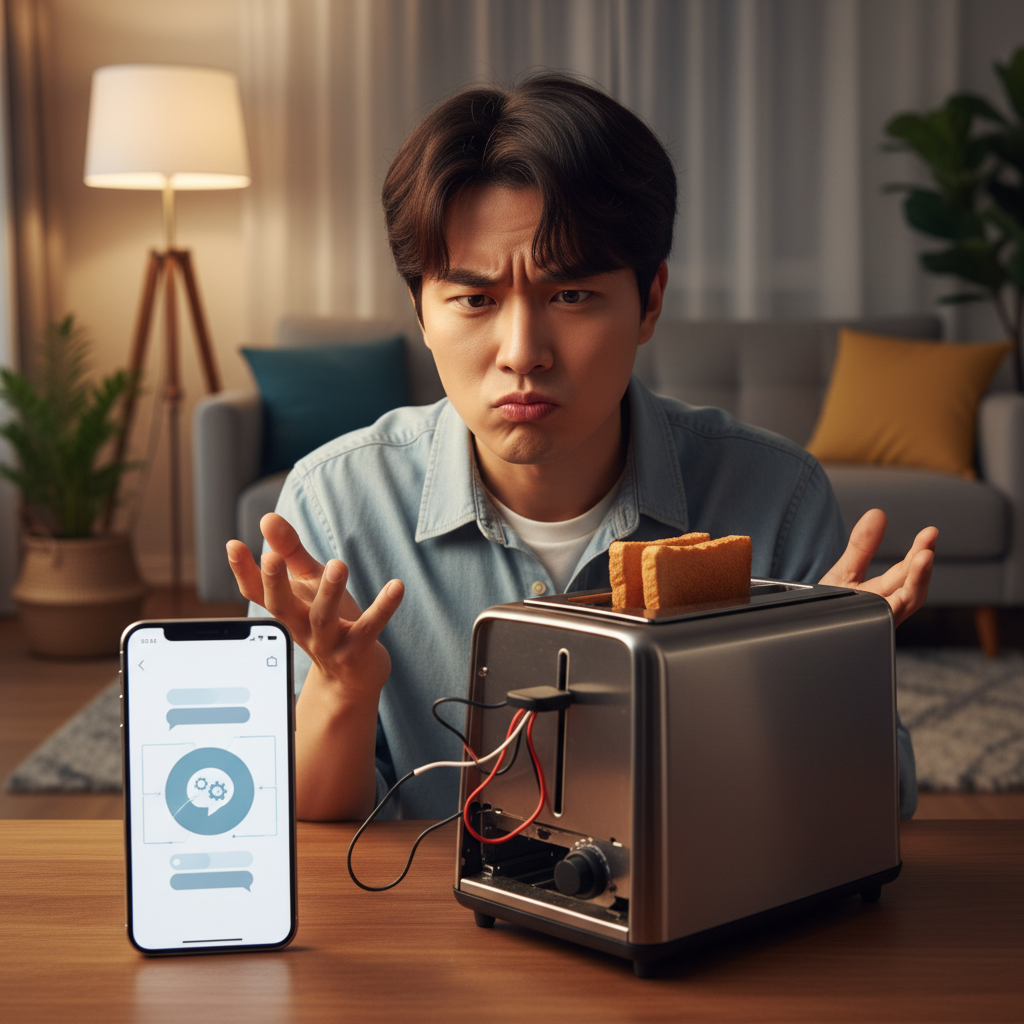 A Korean person looking frustrated at a broken home appliance (like a toaster or a small fan) on a table, next to them a smartphone displaying a minimalist AI chatbot interface with speech bubbles, clean infographic style, modern layout, high contrast, warm lighting, cozy living room background, no visible text.