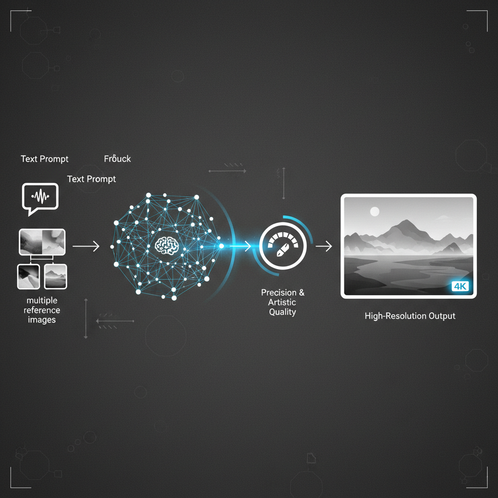Clean infographic illustrating the process of AI image generation from text and multiple reference images, culminating in a high-resolution 4K image. Emphasize precision and artistic quality. Modern layout, high contrast, textured background. No visible text in image.