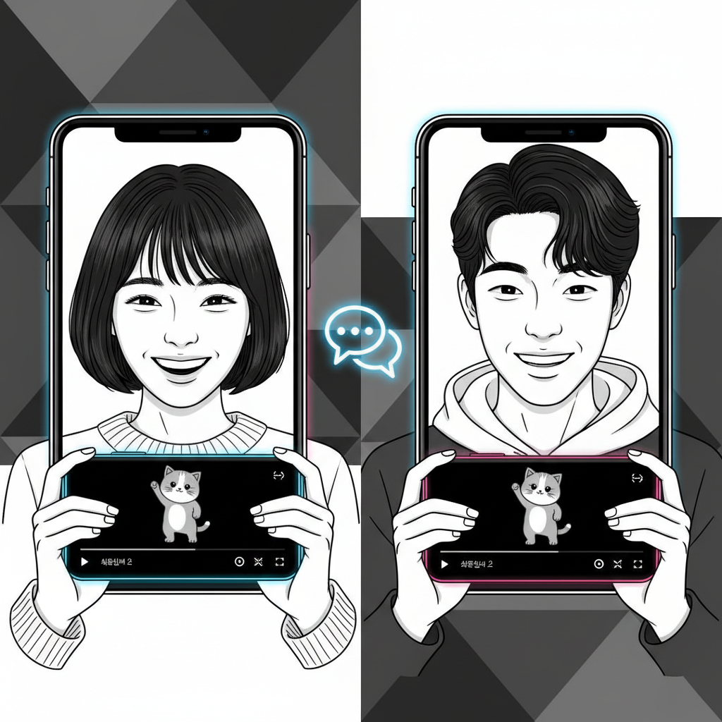 A split screen showing two Korean people watching the same TikTok video on their individual phones, connected by a chat bubble icon, clean infographic, modern layout, high contrast, textured background, no text