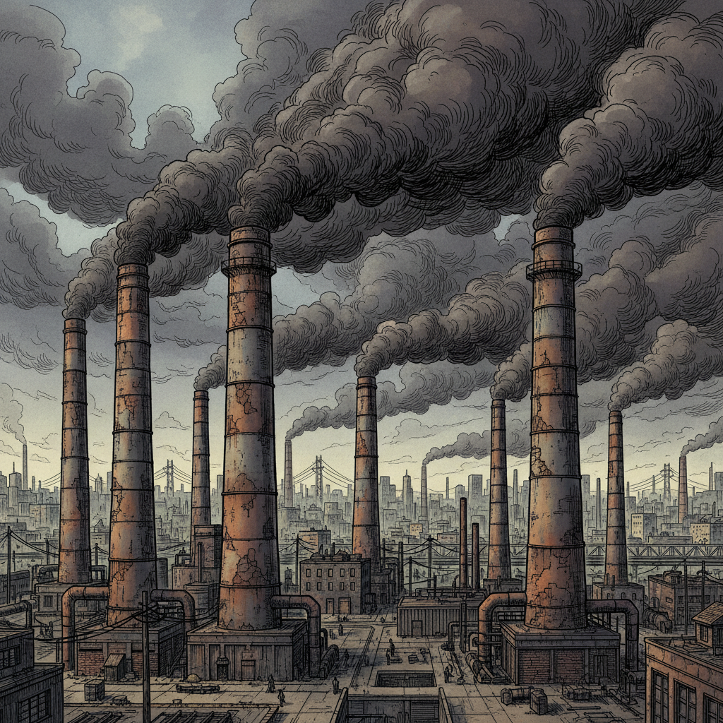 A industrial scene with tall factory smokestacks emitting dark plumes of smoke into a cloudy sky, depicting air pollution, detailed and realistic illustration, urban background, 1:1 aspect ratio, no text