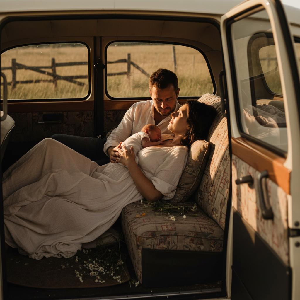 Lifestyle photography of a woman giving birth in the back of a classic taxi, warm lighting, natural setting, textured background, no visible text.