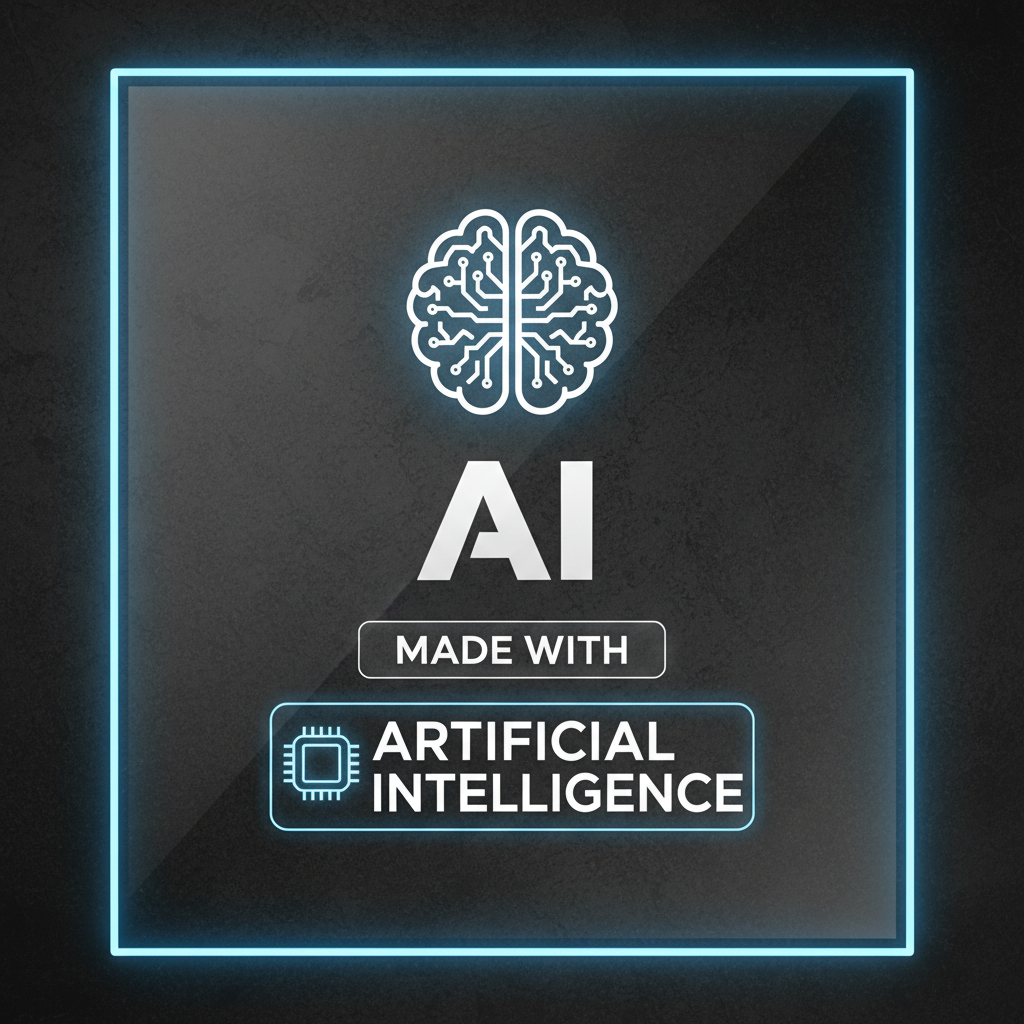A clear, concise infographic displaying a 'Made with AI' disclosure notice on an advertisement screen, modern layout, high contrast, textured background, no text