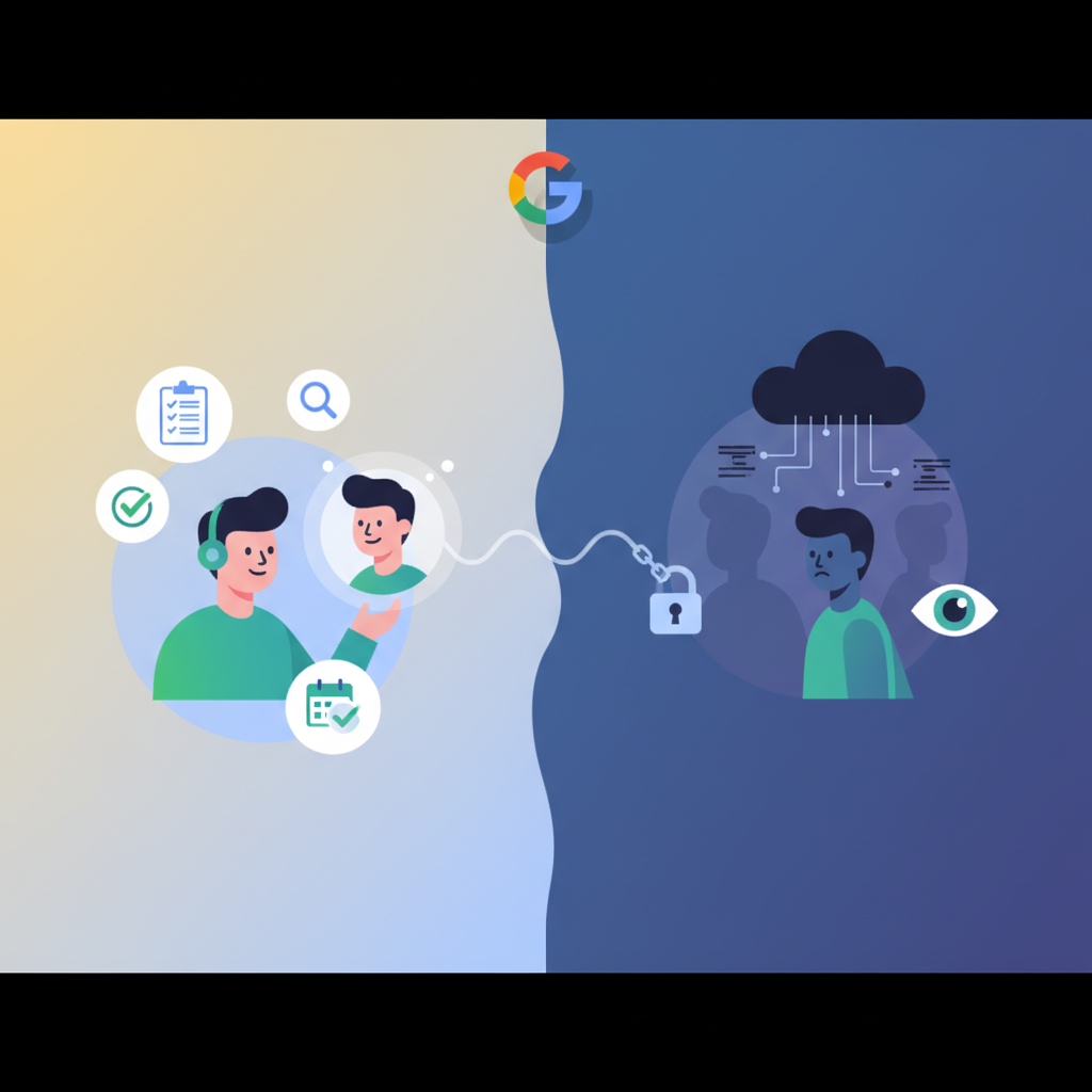 A thought-provoking infographic illustration depicting the duality of Google AI personalization. One side shows a user happily interacting with a helpful, personalized AI assistant, with subtle icons representing convenience and efficiency. The other side shows a user looking concerned, with blurred or shadowed figures representing data collection and privacy concerns. The overall style should be clean, modern, and high contrast, with a gradient background that transitions from bright and inviting to slightly darker and more mysterious. No visible text in image.
