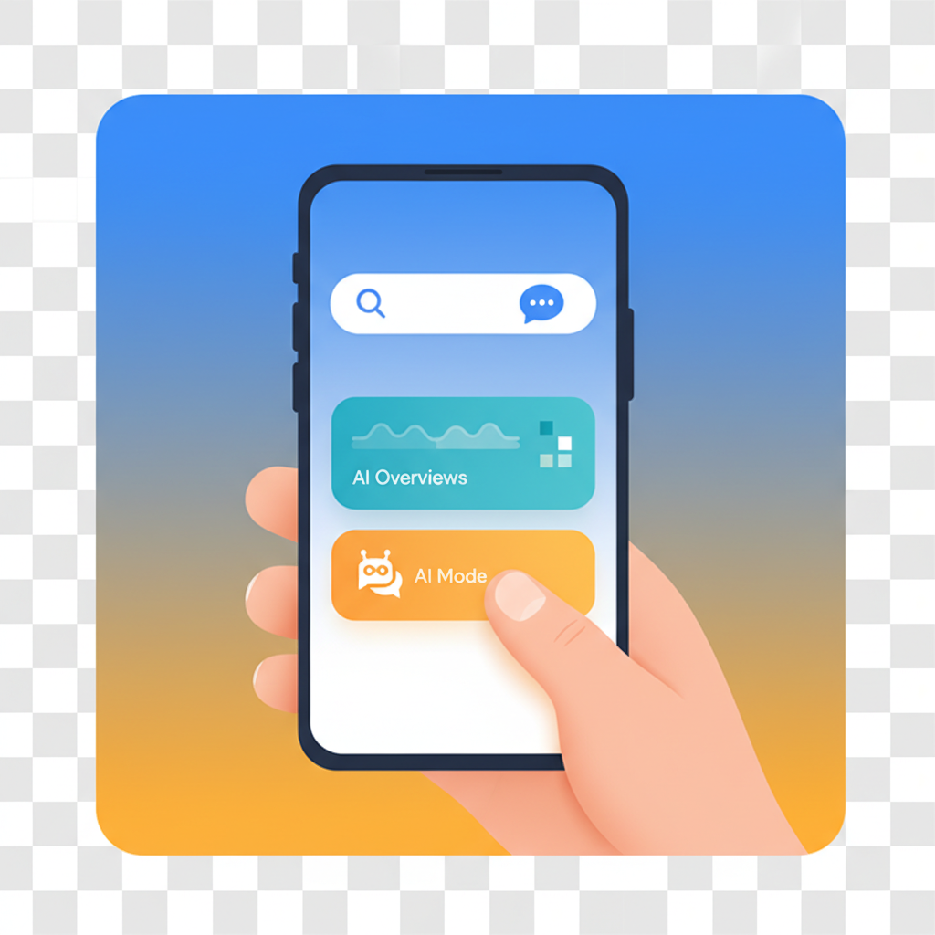 clean infographic, modern layout, high contrast. A stylized representation of a search bar transforming into a conversational AI interface. A user's hand is interacting with a mobile phone screen displaying integrated AI Overviews and AI Mode. Bright, balanced lighting, colored background. No visible text in image. No Korean characters.