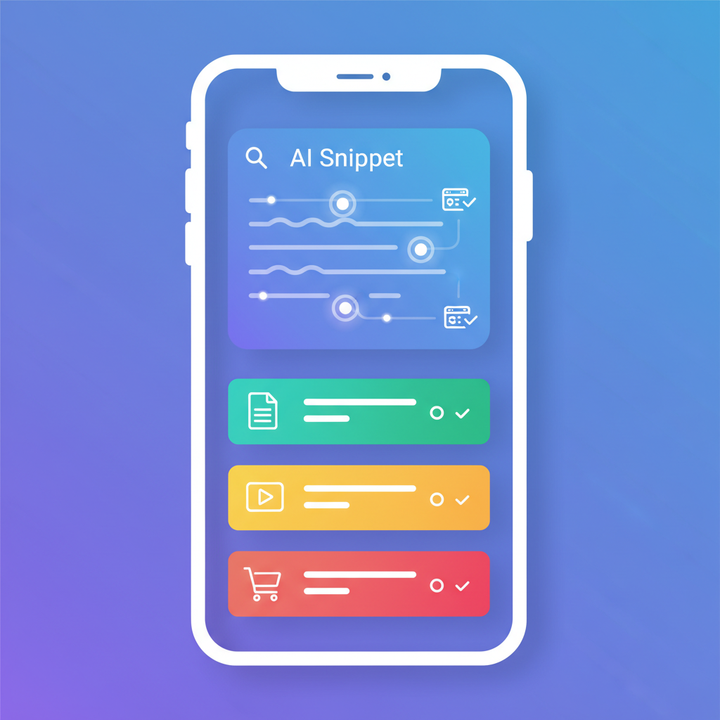 A minimalist illustration of a smartphone screen displaying a search result with an AI-generated snippet and multiple embedded links, highlighted to show source integration. Clean infographic style, modern design, gradient background, no text.
