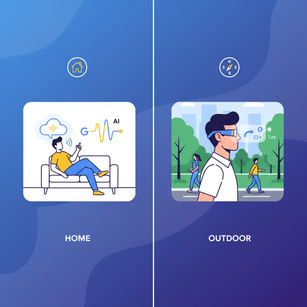 A clean infographic showing two distinct use cases for Google AI glasses: one side illustrating screen-free voice interaction with Gemini in a home setting, and the other side showing in-lens navigation display while walking outdoors, modern layout, high contrast, gradient background, no text.