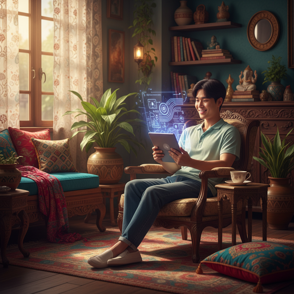 A lifestyle photograph of a young Korean person happily using a tablet with a glowing AI interface, surrounded by a vibrant, modern Indian interior. Warm lighting, rich background, natural expression, no text.