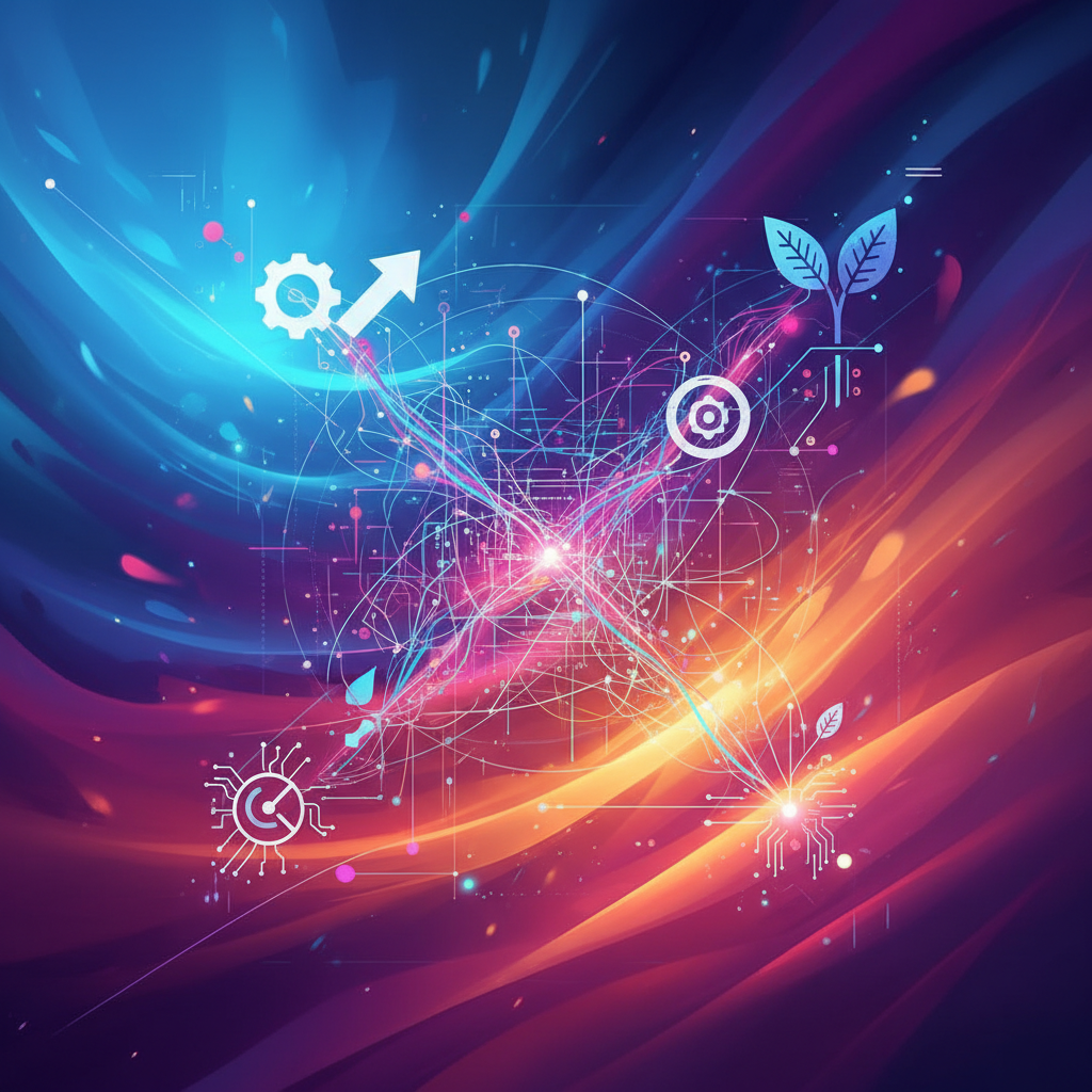 A futuristic, abstract illustration depicting Google's forward-looking AI strategy, with interconnected neural networks and subtle symbols of innovation and growth, vibrant gradient background, artistic rendering, no text.