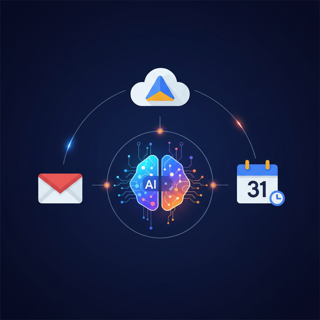 A clean infographic showing interconnected icons of Gmail, Google Drive, and Google Calendar with a central AI assistant icon, modern layout, high contrast, colored background, no text, 1:1 aspect ratio