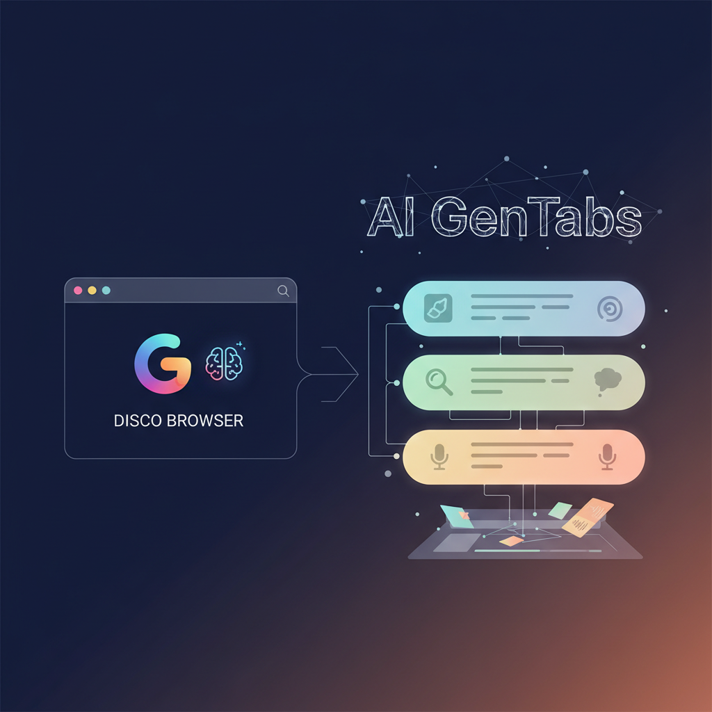 Modern infographic showing Google Disco browser innovating web experience through AI GenTabs, clean layout, high contrast, colored background, no text