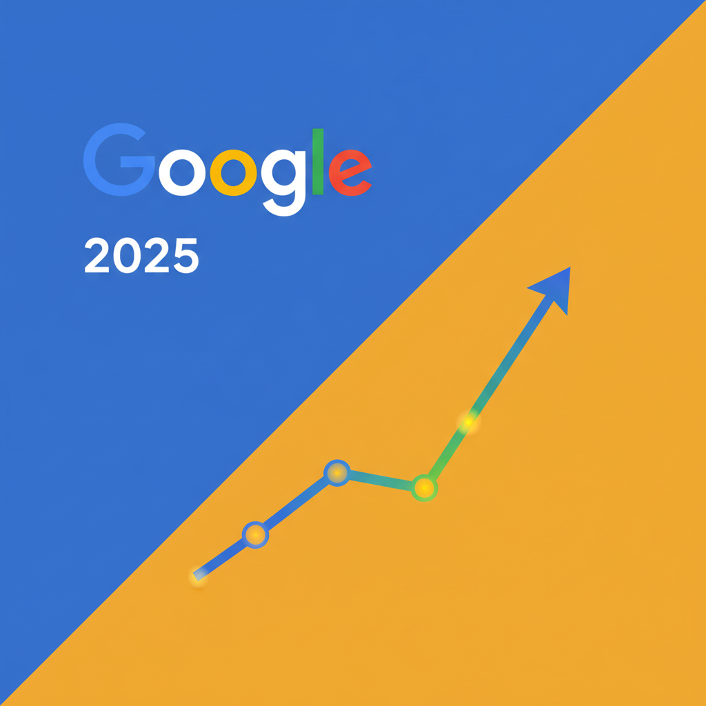 Clean infographic showing Google logo, year 2025, and an upward trending graph, modern layout, high contrast, colored background, no text